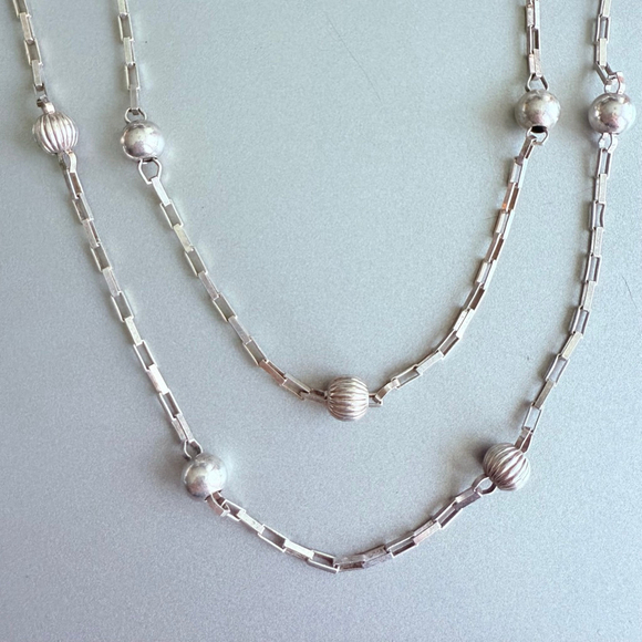 Sterling 925 Silver 6mm Bead Paperclip Link Station IBB Italy Long Necklace 50" - Picture 1 of 10